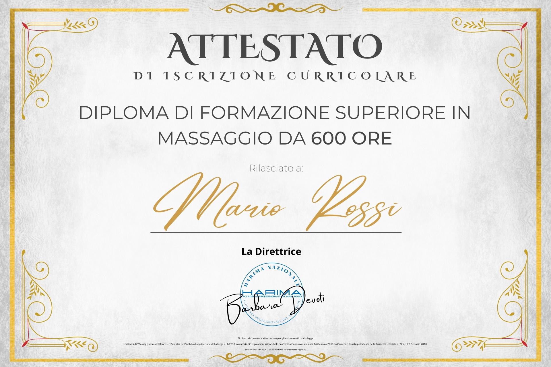 Diploma in Massaggio Massoterapico del Benessere da 600 Ore, diploma di formazione superiore