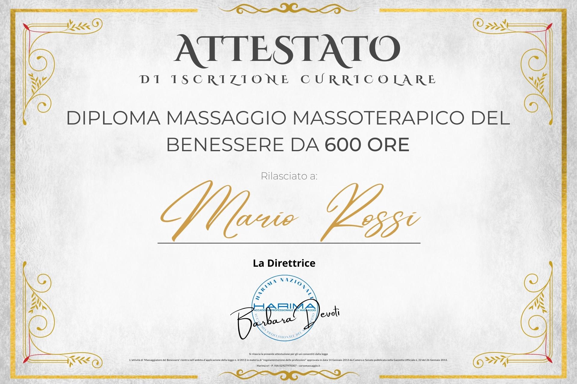 Diploma in Massaggio Massoterapico del Benessere da 600 Ore, attestato di partecipazione